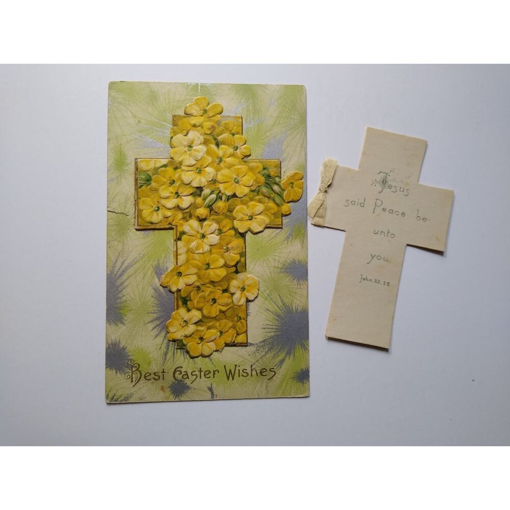Vintage German Pop-Up Easter Postcard Embossed Cross Yellow Flowers & Verse Card
